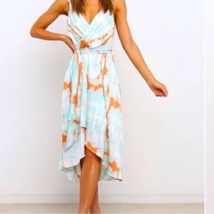 Petal and Pup Size XS orange and blue satin tie dye dress